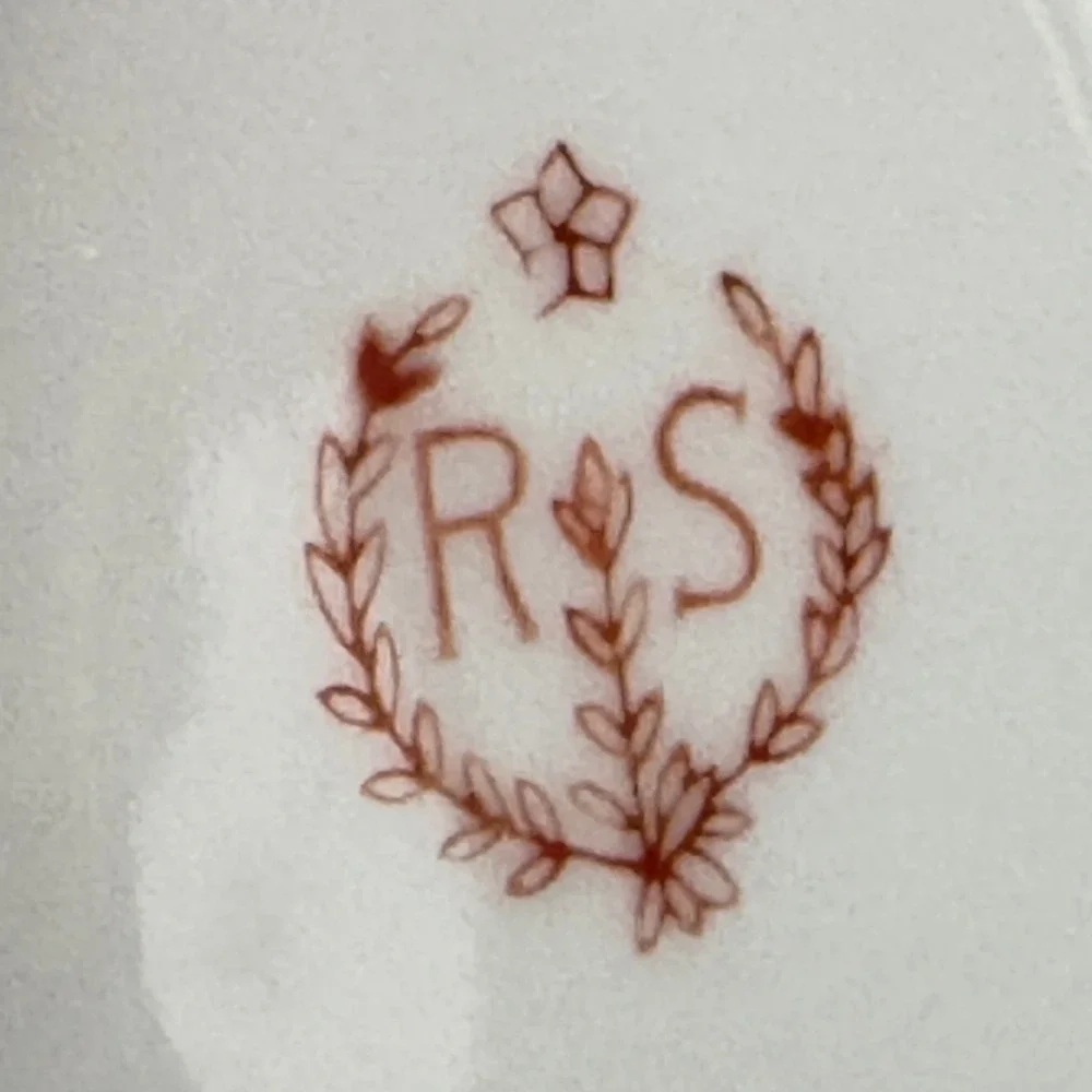 RS Wreath Stamp Porcelain Floral Chocolate‎ Set Pitcher & 5 Cups Gold Trim Roses